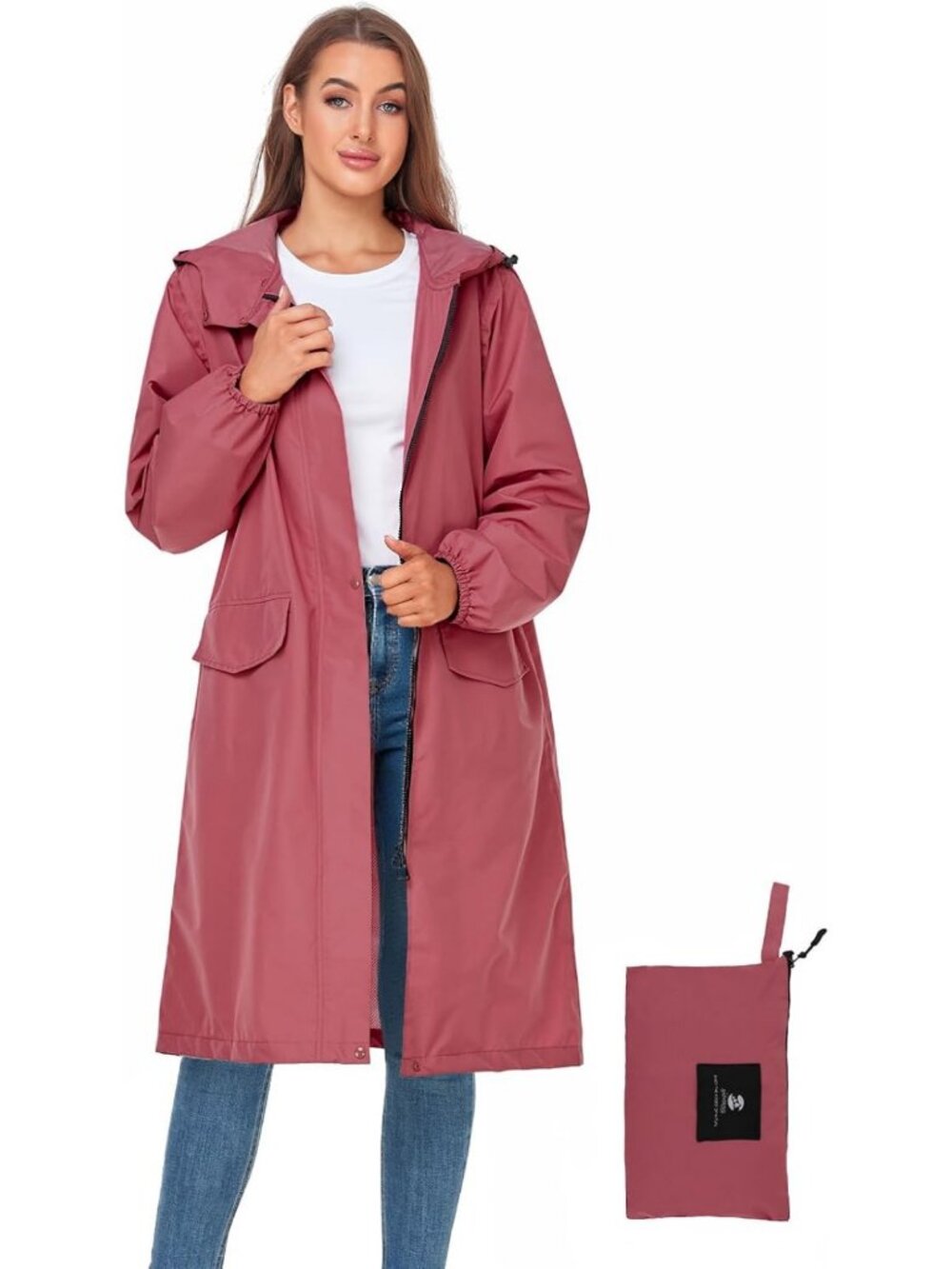 Lightweight Packable Waterproof Long Rain Jacket for Women - Stylish